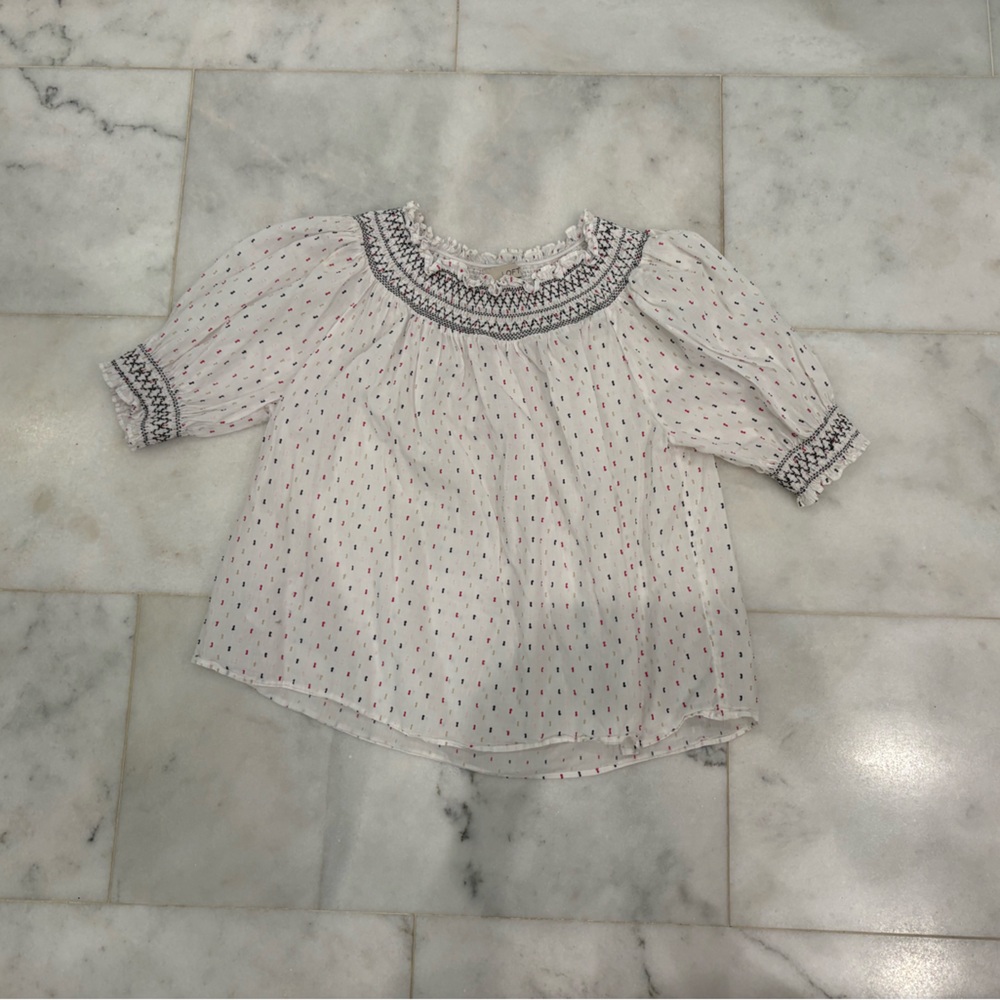 LOFT White Peasant Blouse with Navy and Red Dots